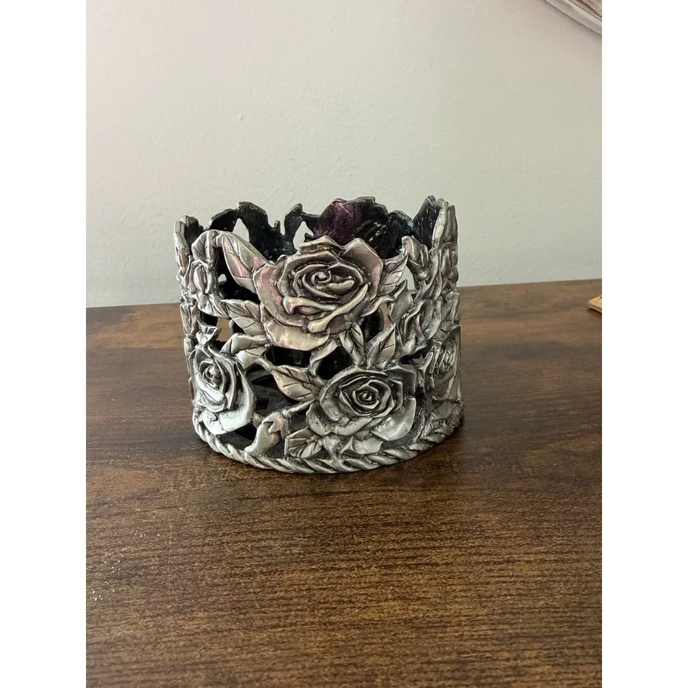 Ganz Pewter Rose Candle Holder‎ Votive Floral Metal Taiwan Vintage Decor